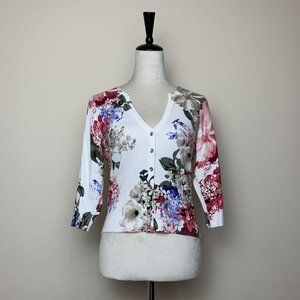 White House Black Market Women’s Floral Cardigan Cropped V Neck Size SP